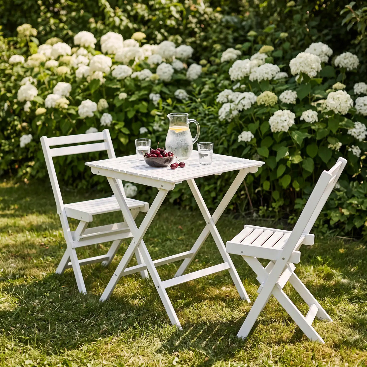 White Folding Bistro Set in acacia on a lawn in front of a white hydrangea hedge