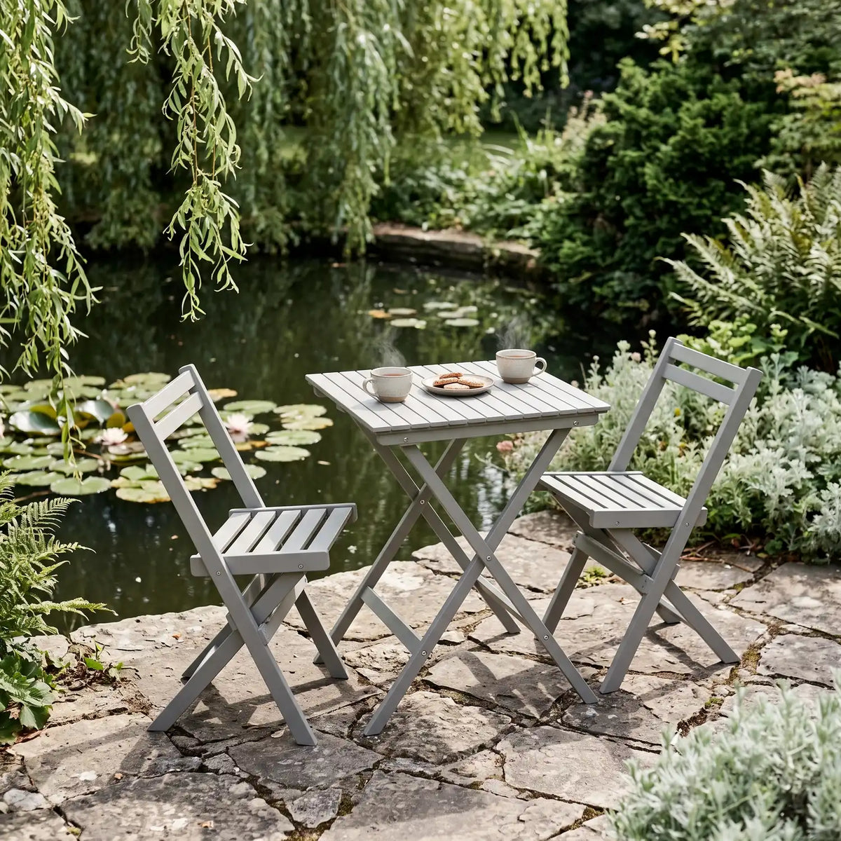 Tokyo Bistro Set in Sand on a stone patio by a garden pond