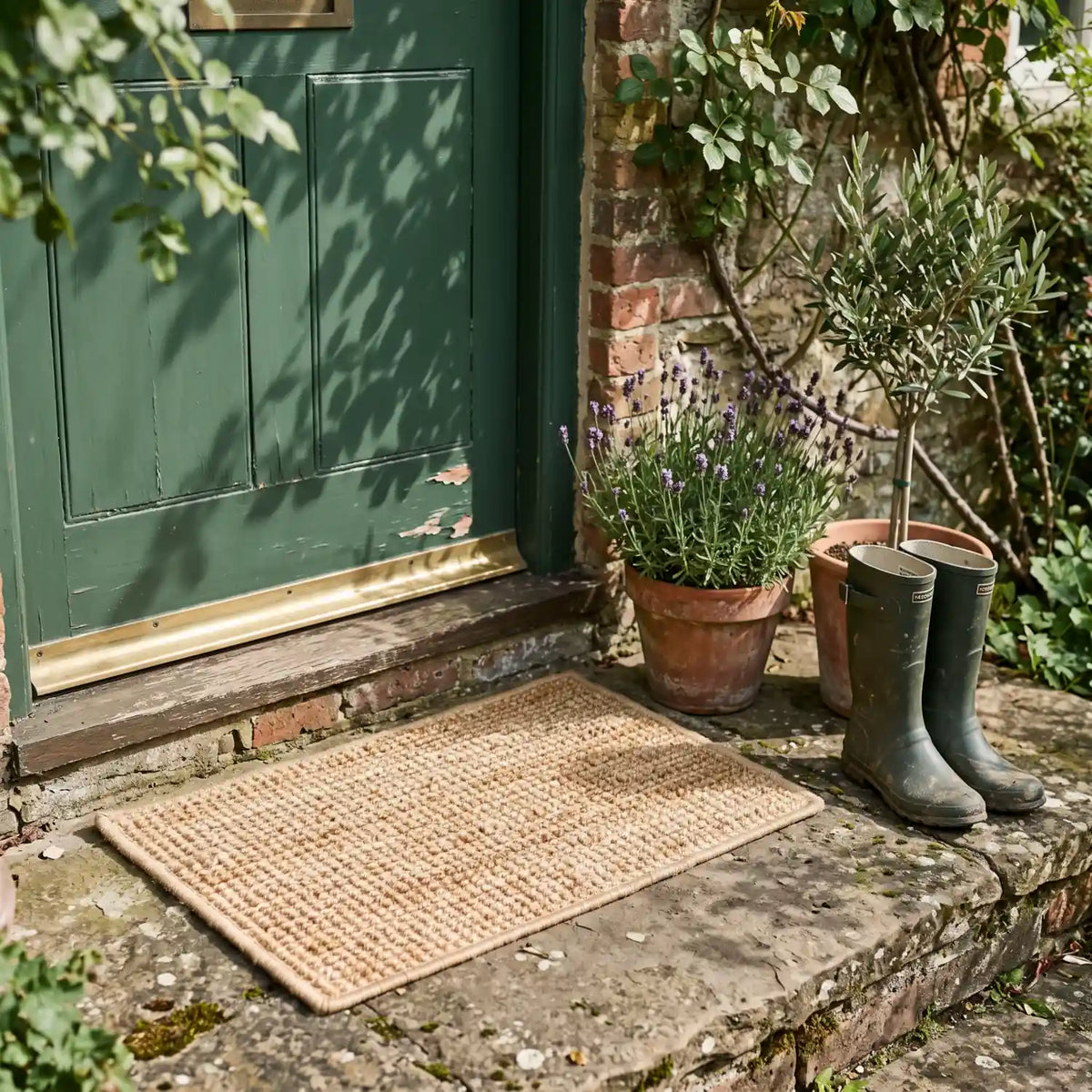 Bouclé Jute Doormat 40 x 60 cm - Natural on a stone doorstep in front of a green cottage door