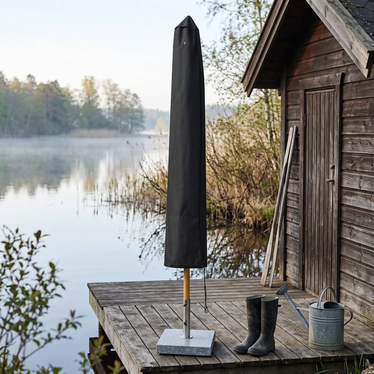 Parasol Cover 190 cm - Black on a folded parasol on a lakeside deck