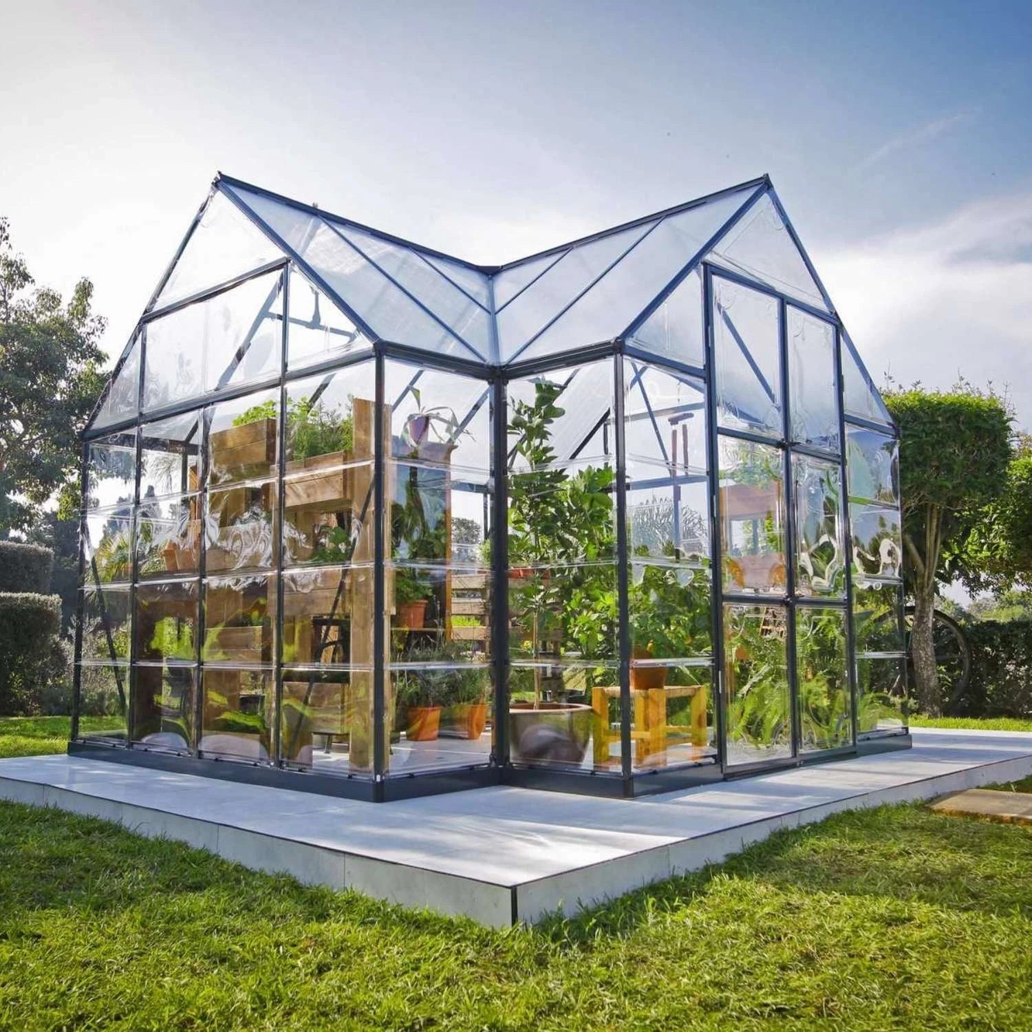 Victory Orangery 10×12 ft greenhouse with vaulted grey frame and hybrid polycarbonate panels