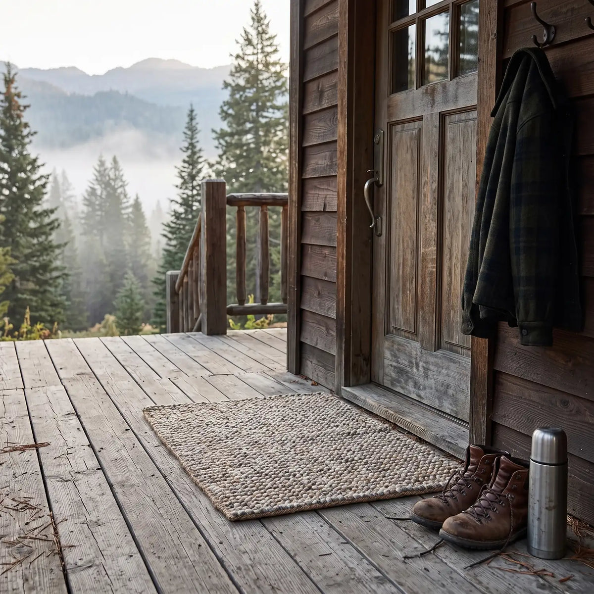 Jute and Wool Rug 60 x 90 cm on a mountain cabin porch with hiking boots