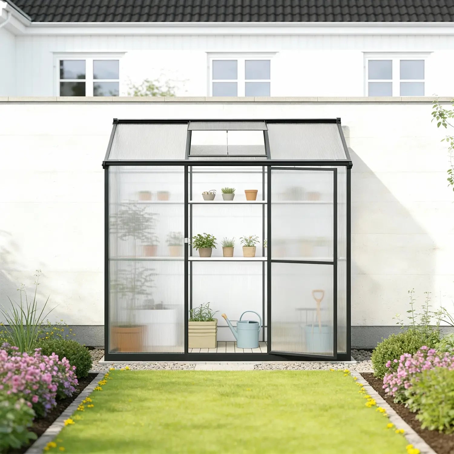 Lean-To Aluminium Greenhouse with Glass Sides and Polycarbonate Roof