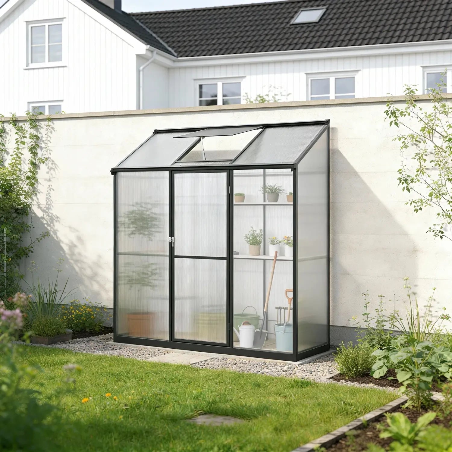 Lean-To Aluminium Greenhouse with Glass Sides and Polycarbonate Roof
