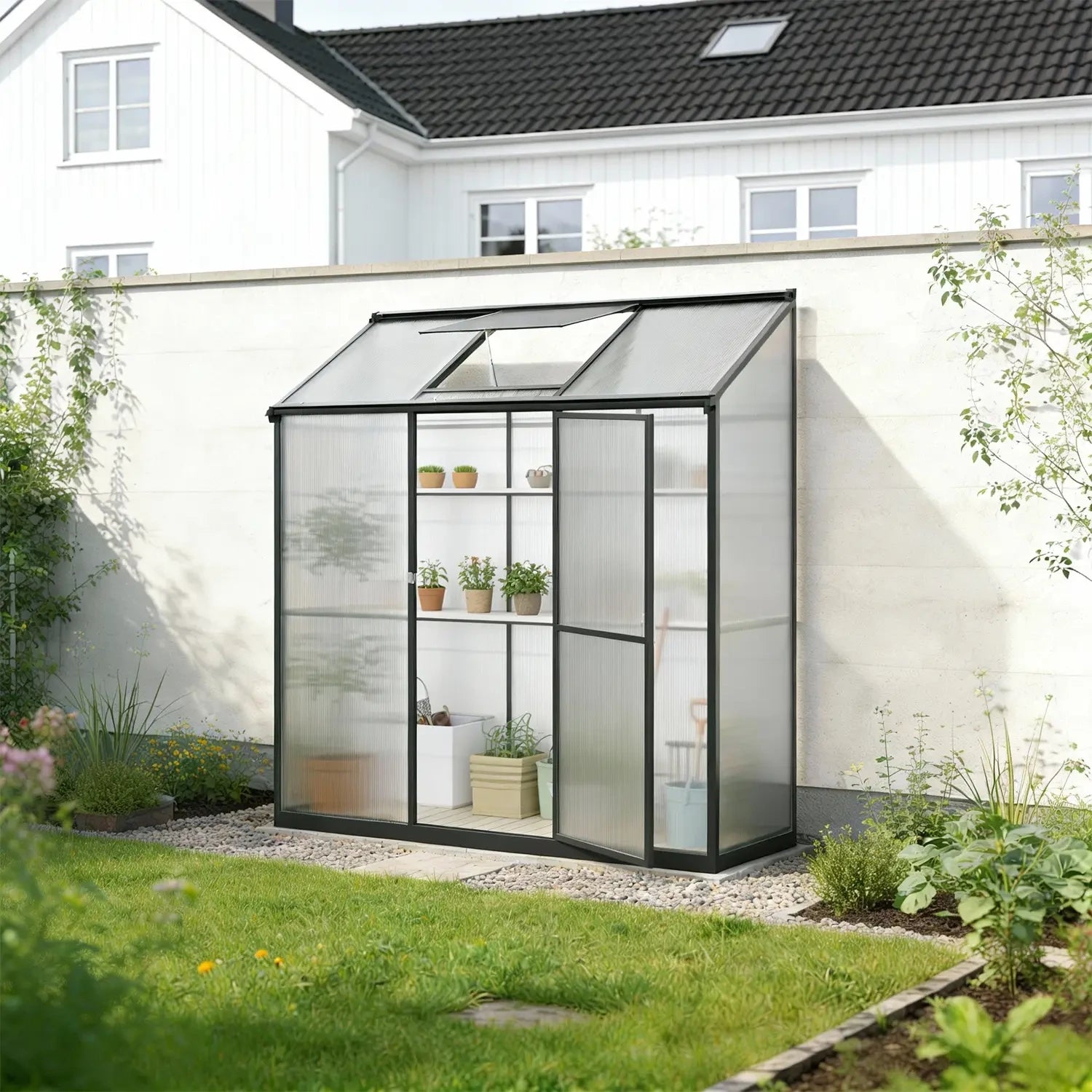 Lean-To Aluminium Greenhouse with Glass Sides and Polycarbonate Roof