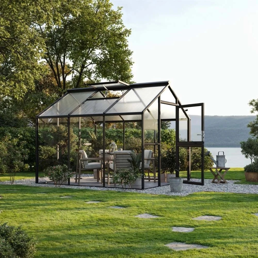 Greenhouse Novum II, 4 mm glass + polycarbonate, anthracite-grey