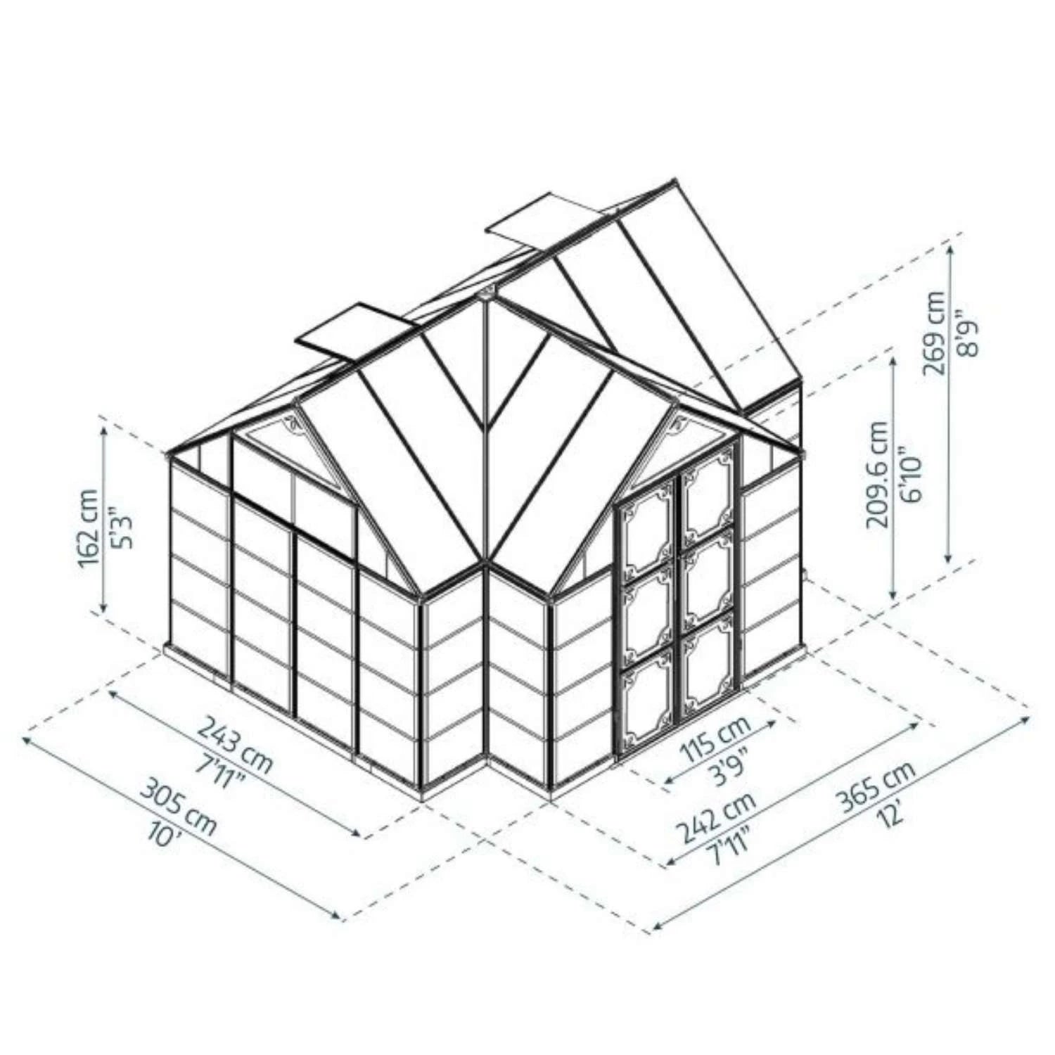 Victory Orangery 10×12 ft greenhouse with vaulted grey frame and hybrid polycarbonate panels