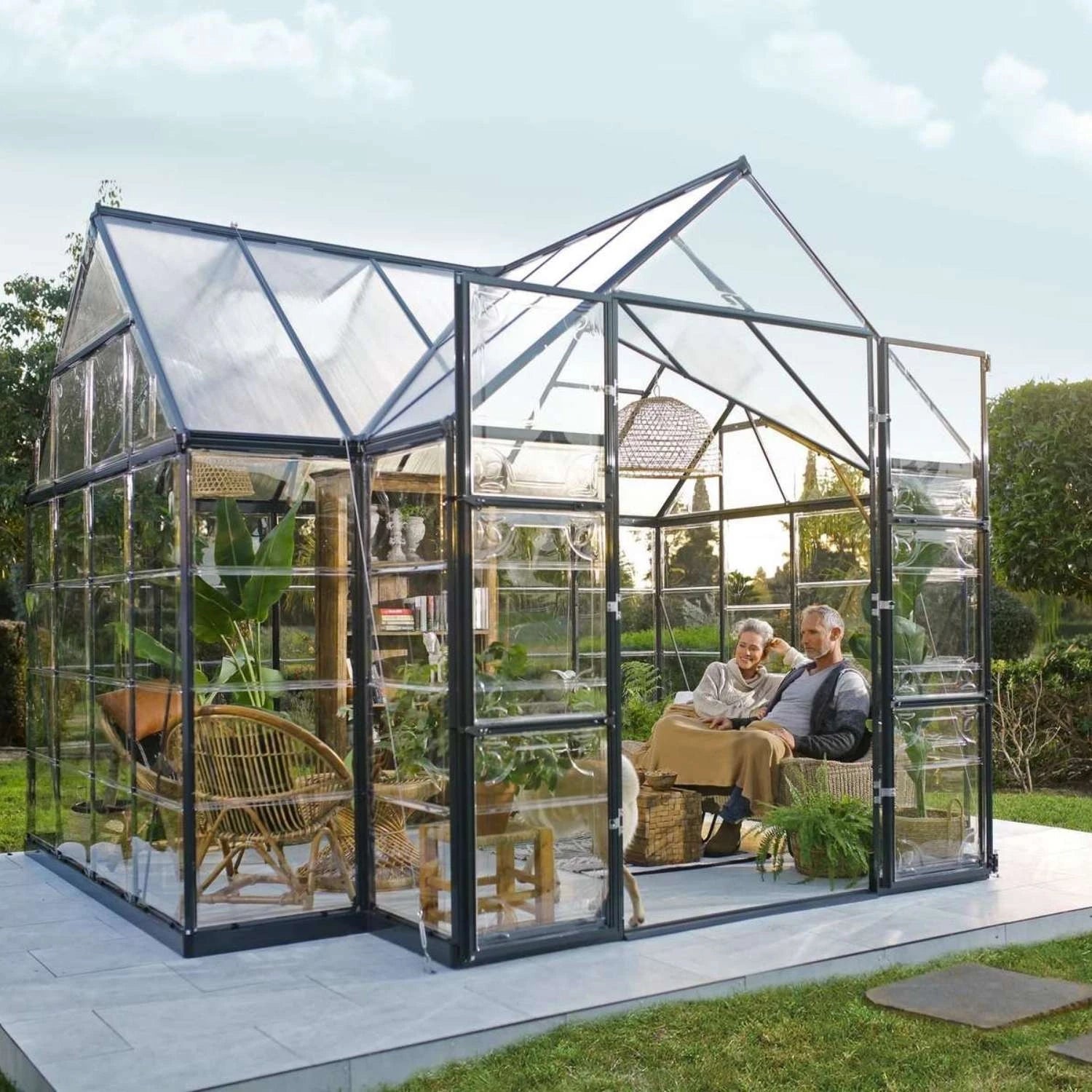 Victory Orangery 10×12 ft greenhouse with vaulted grey frame and hybrid polycarbonate panels