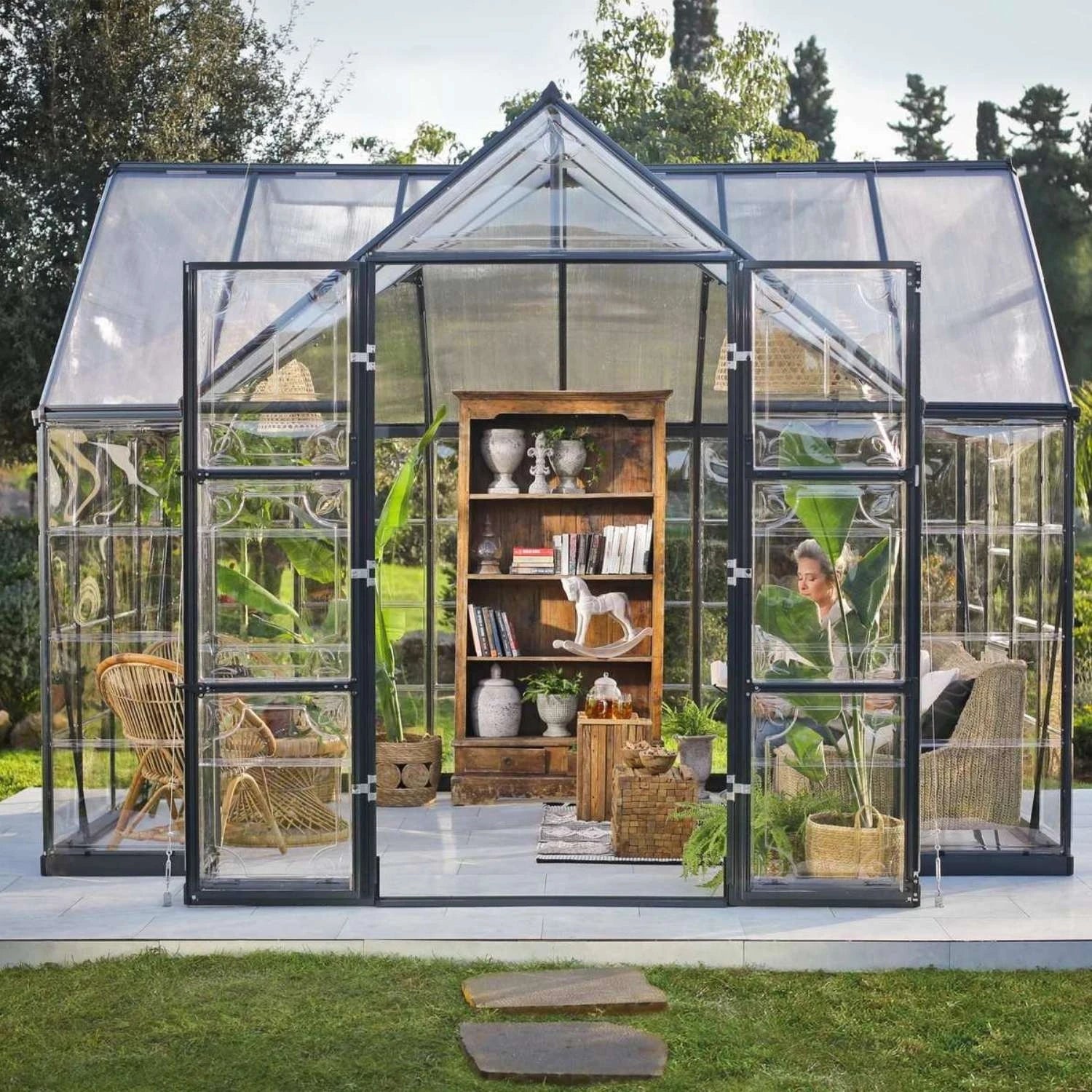 Victory Orangery 10×12 ft greenhouse with vaulted grey frame and hybrid polycarbonate panels