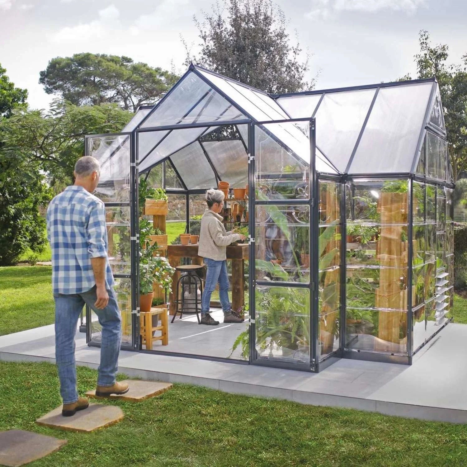 Victory Orangery 10×12 ft greenhouse with vaulted grey frame and hybrid polycarbonate panels